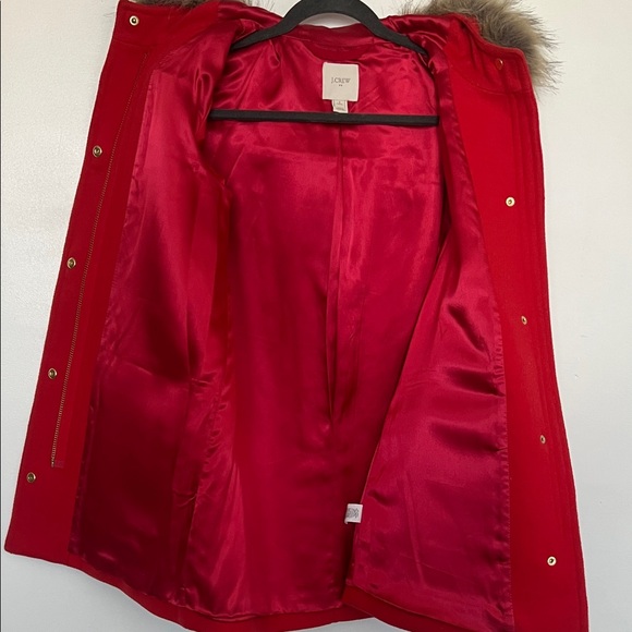 J. Crew Red Women's Pea Coat with Fur Trim - Picture 6 of 8